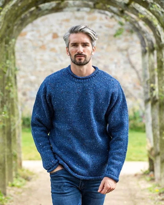 100% Donegal Roll Neck Sweater Light Blue