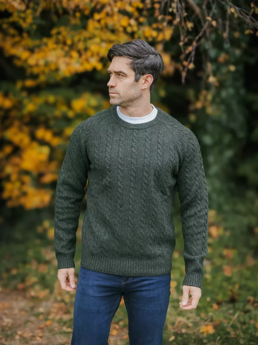 100% Lambswool Cable Knit Crew Neck Army Green