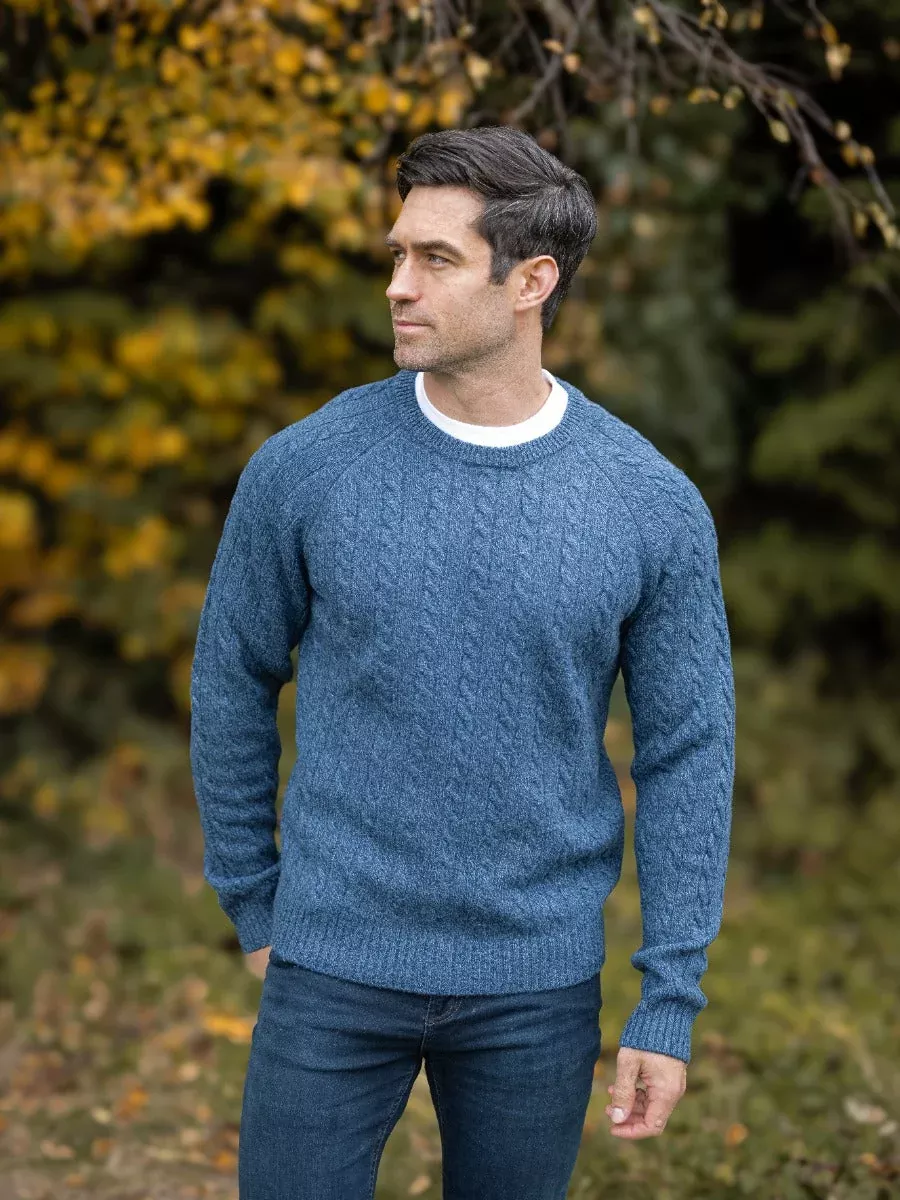 100% Lambswool Cable Knit Crew Neck Indigo Blue
