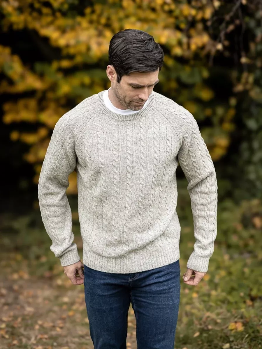 100% Lambswool Cable Knit Crew Neck Oatmeal