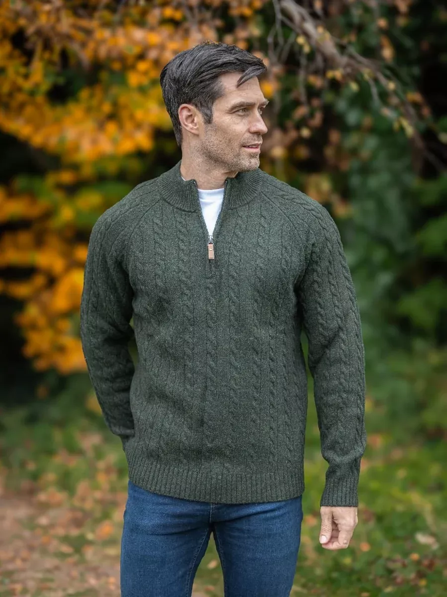 100% Lambswool Cable Knit Half Zip Green Marl