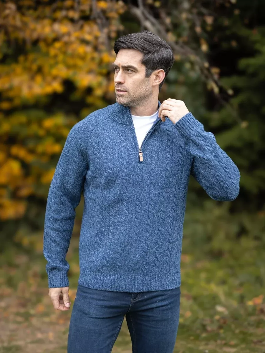 100% Lambswool Cable Knit Half Zip Indigo