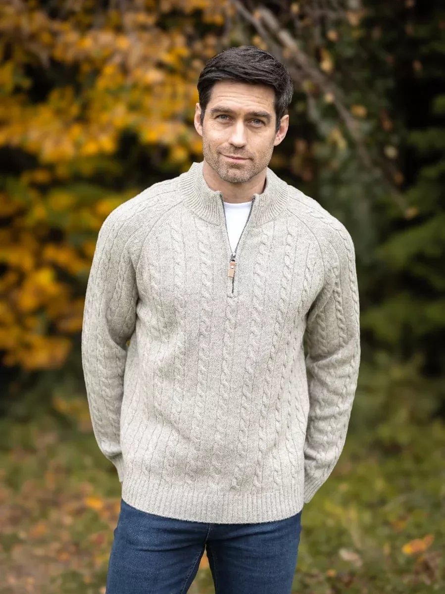 100% Lambswool Cable Knit Half Zip Oatmeal