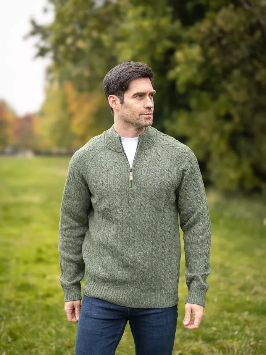 100% Lambswool Cable Knit Half Zip Pesto