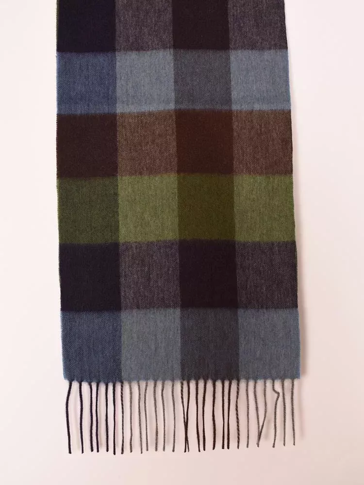 100% Lambswool Green Navy and Brown Block Colours