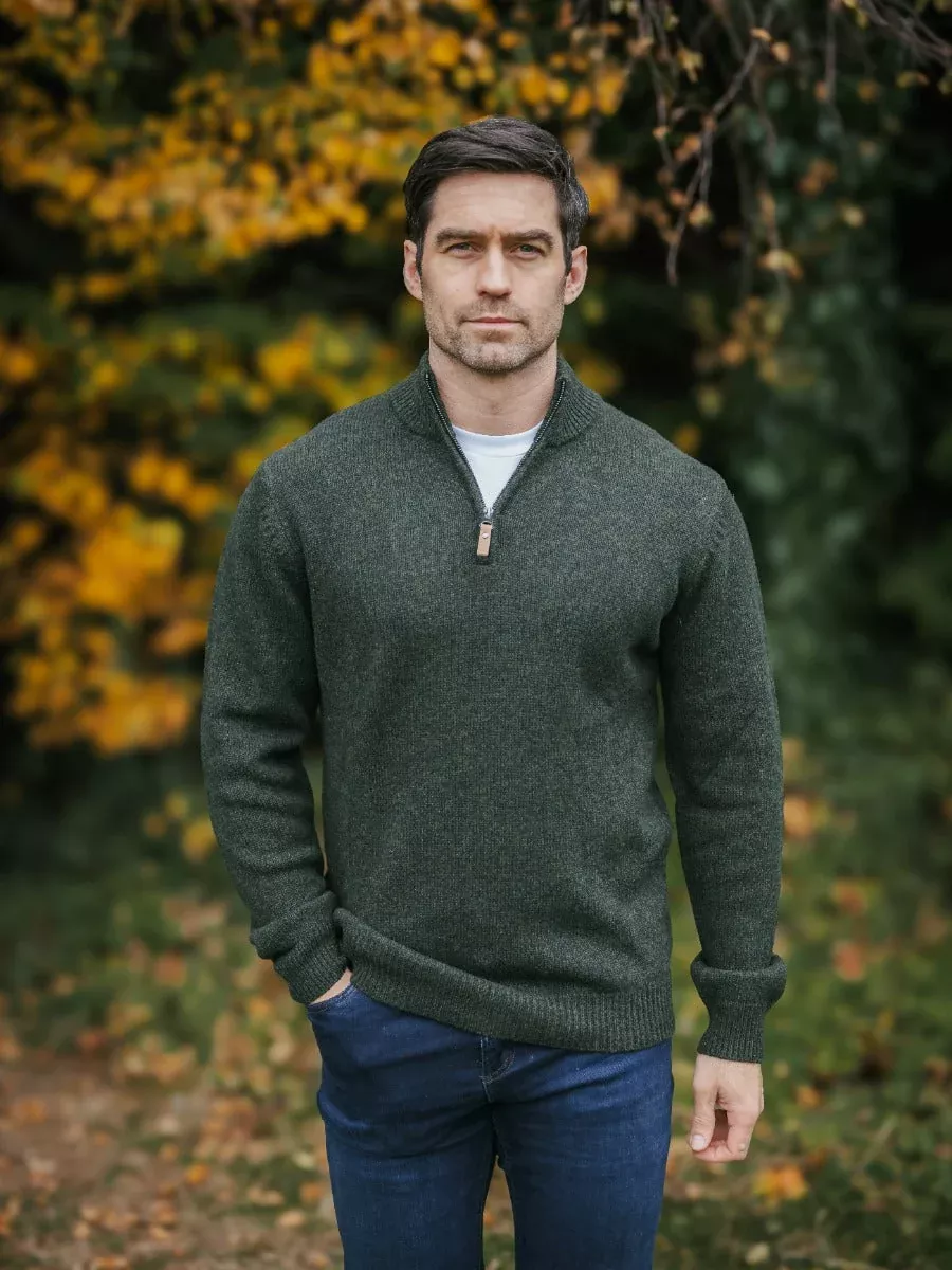 100% Lambswool Heavyweight Half Zip Army Green