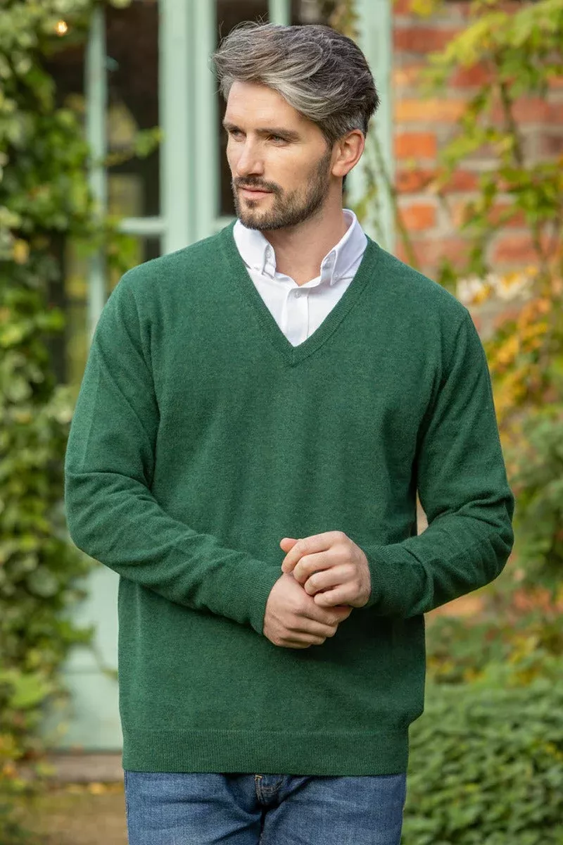 100% Lambswool V Neck Green Melange