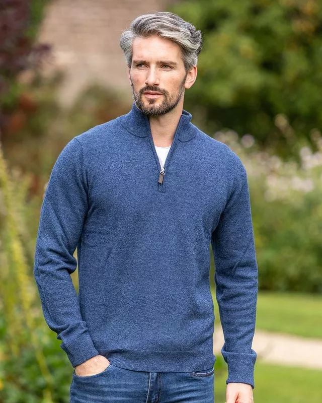 100% Light Weight Lambswool Half Zip Indigo Marl