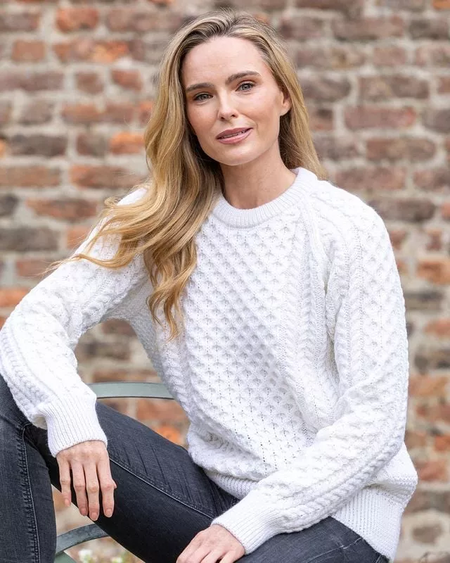 100% Merino Wool Fitted Aran Sweater Natural
