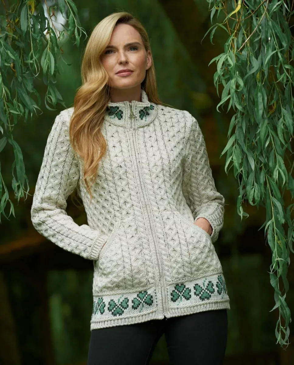 100% Merino Wool Shamrock Zip Cardigan