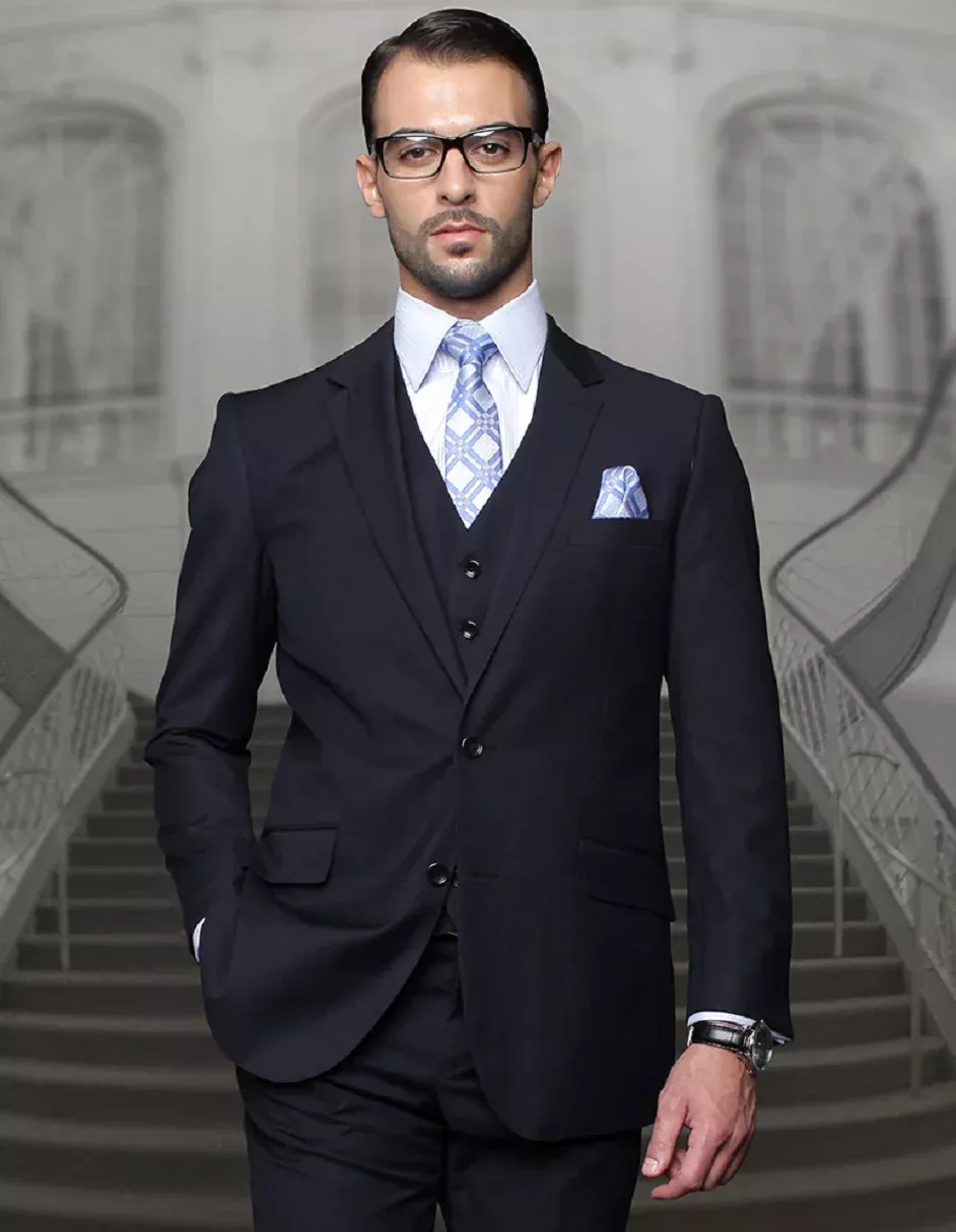 100 Percent Wool Suit - Mens 2 ButtonWool Business Navy Blue Suits
