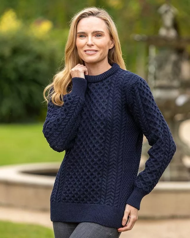 100% Pure Wool Light Weight Aran Sweater Navy