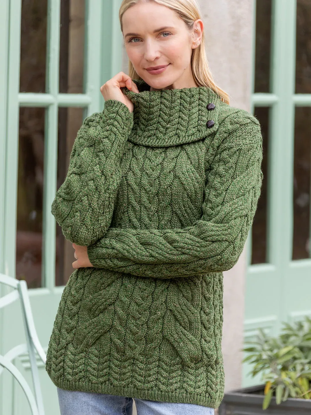 100% Super Soft Merino Wool Cowl Neck with Buttons Green