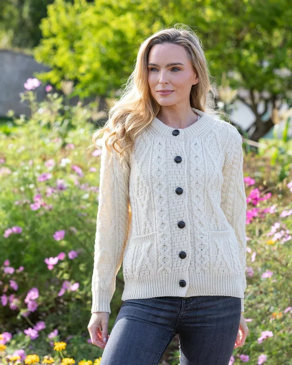 100% Wool Cable Knit Aran Cardigan - Natural