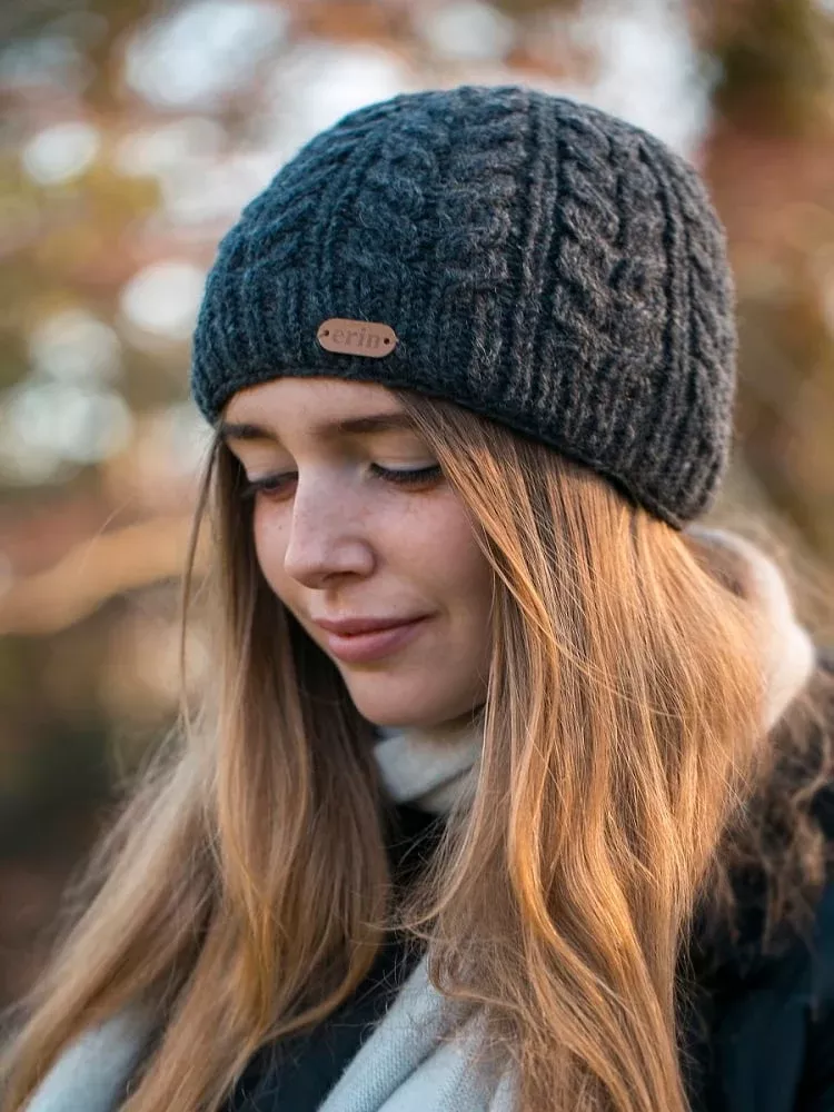 100% Wool Fully Lined Aran Pull on Hat Charcoal