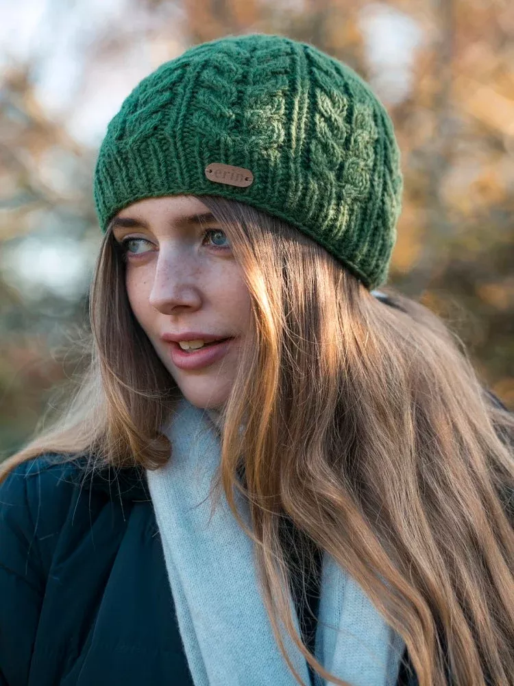 100% Wool Fully Lined Aran Pull on Hat Green