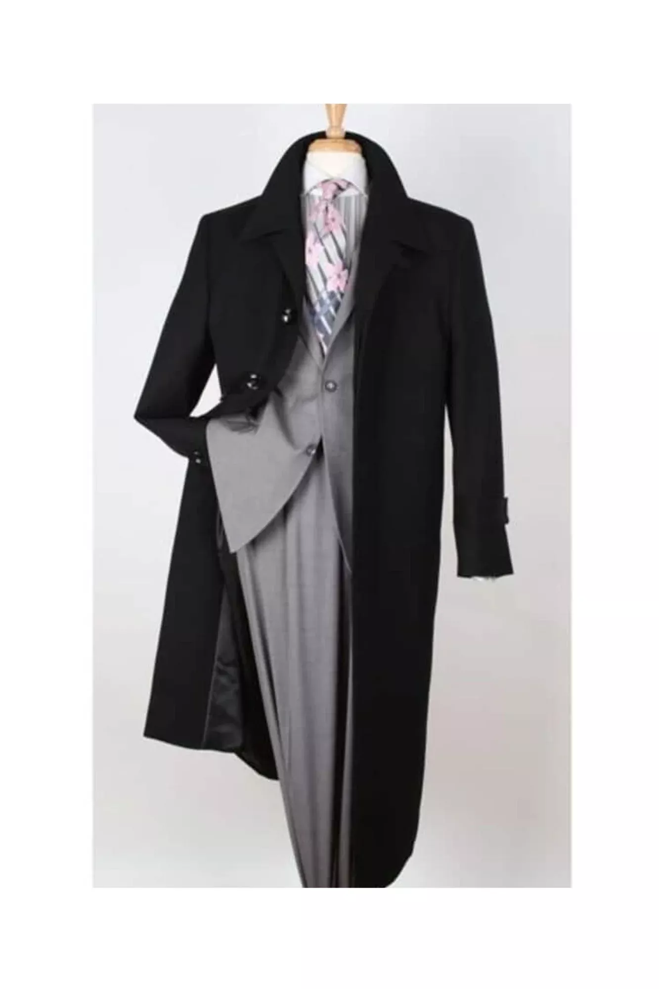 100% Wool Gabardine Black Wide Lapel Top Overcoat