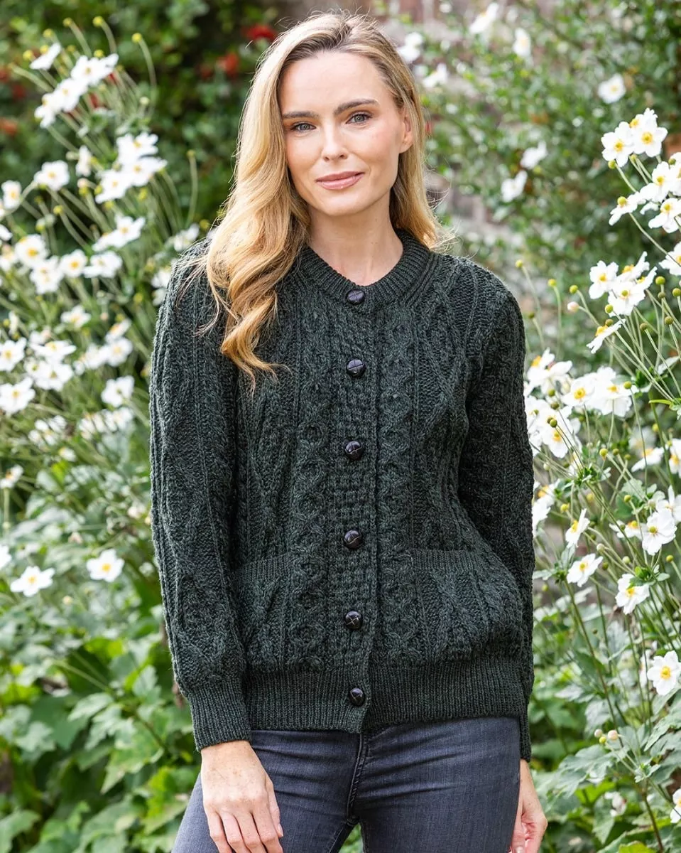 100% Wool Irish Aran Cardigan - Army