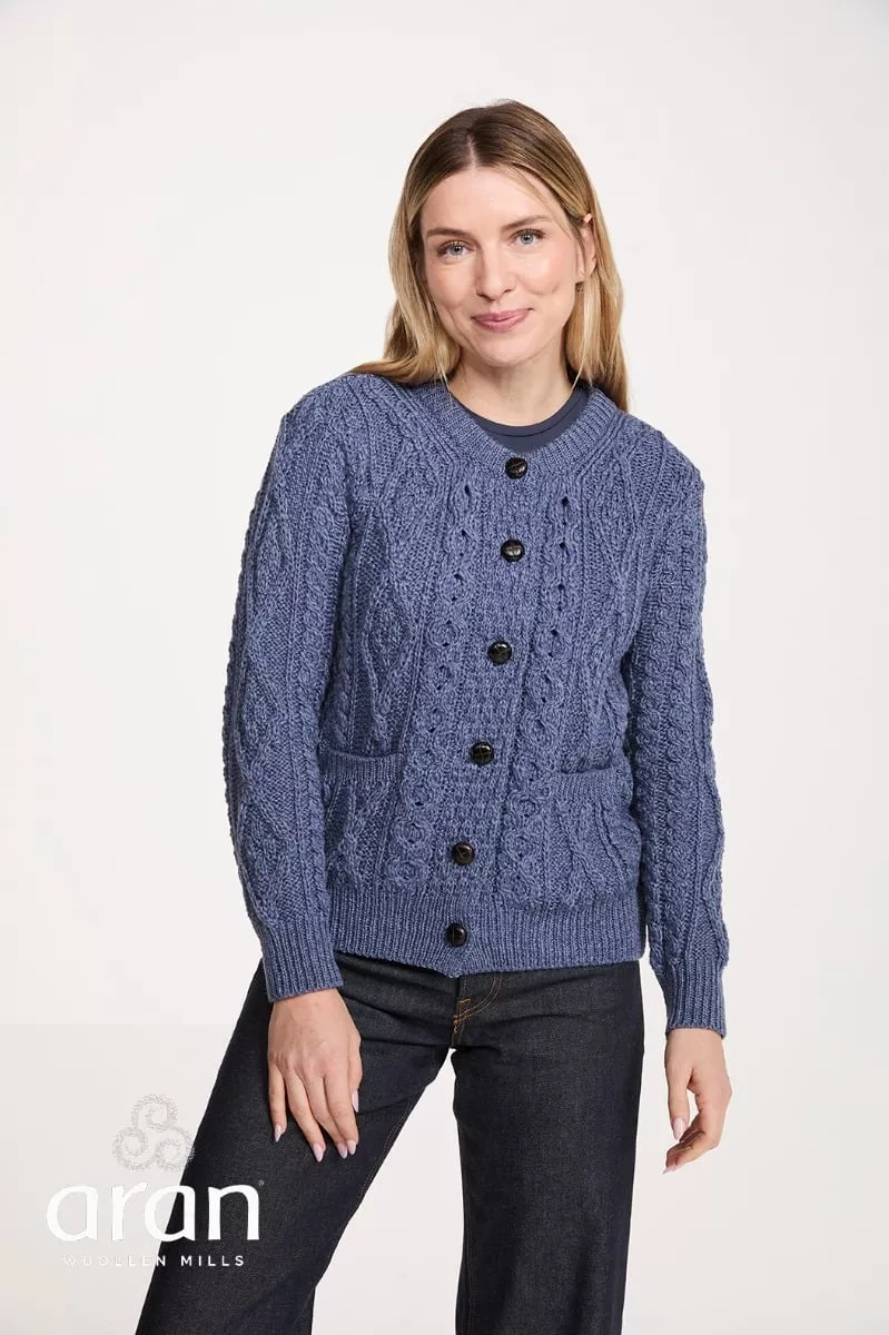 100% Wool Irish Aran Cardigan Denim