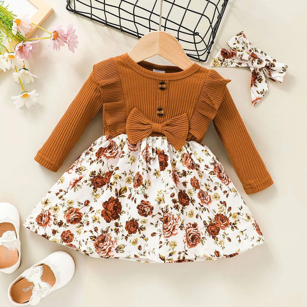 2pcs Baby Solid Long sleeve Floral Dress Set
