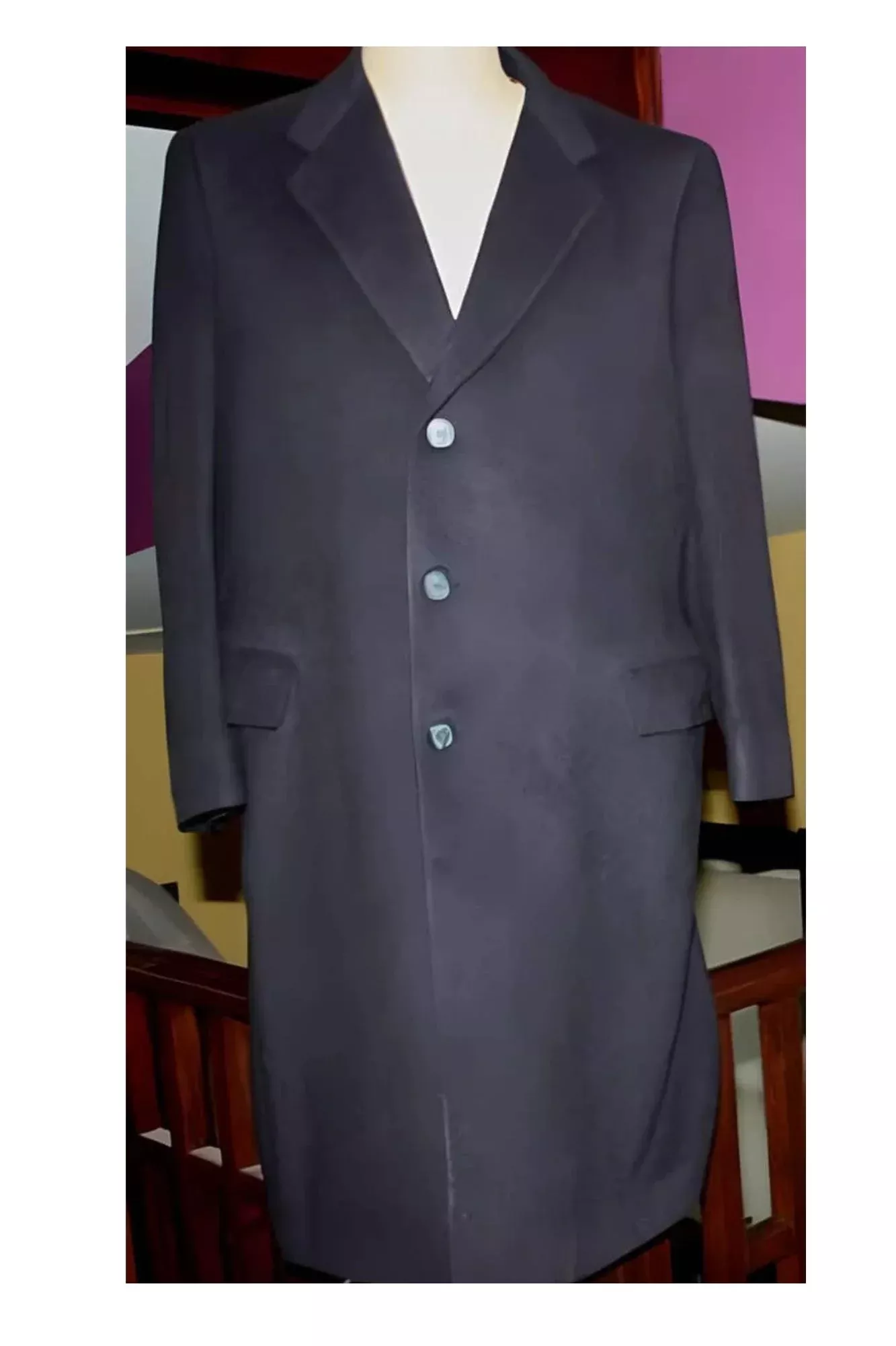 45 Inch navycolored classic model features button front Wool fabric Three buttons style men's Overcoat