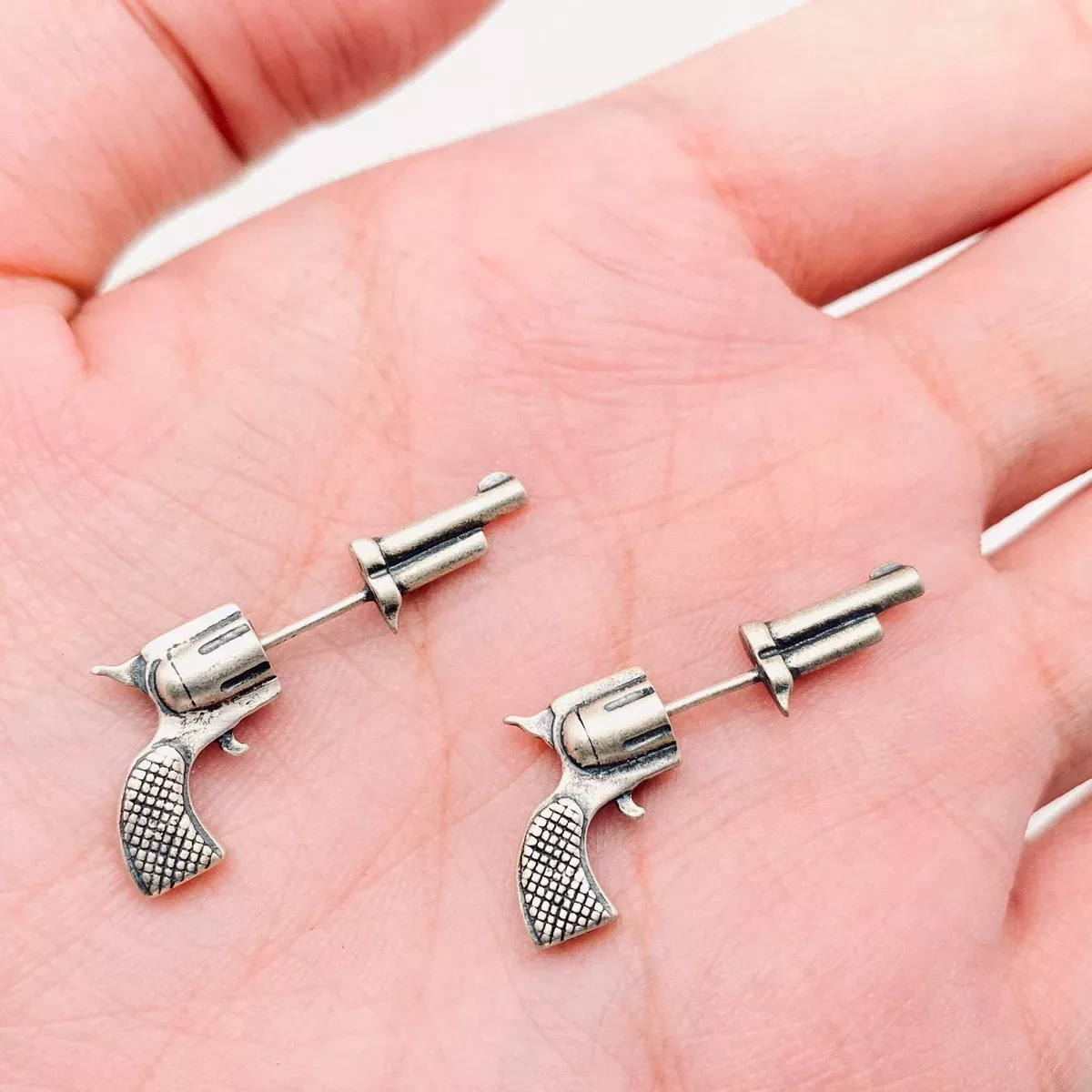 925 Sterling Silver Miniature Pistol Ear Studs - WJ