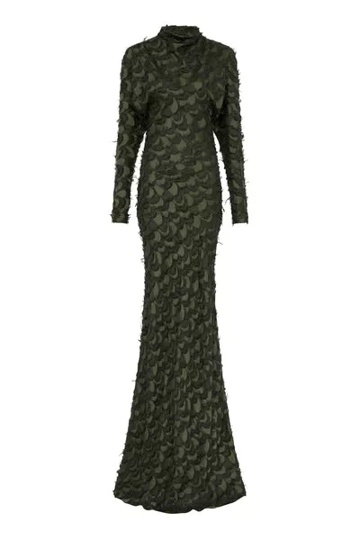 Aberdeen Dress in Deep Olive Silk Wool Fil Coupé