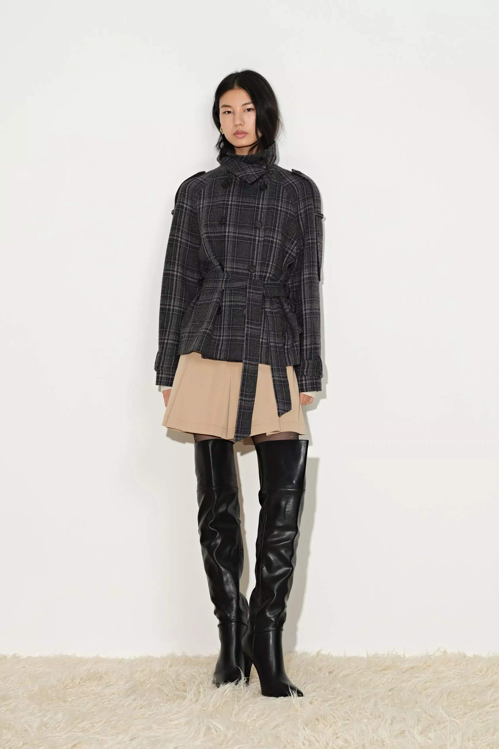 Ainsley Plaid Belted Stand Collar Jacket in Wool Blend