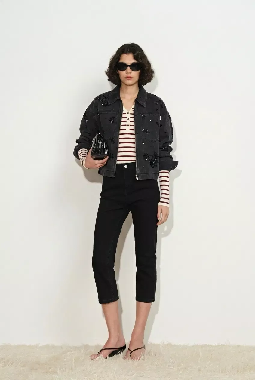 Amber Zipper Denim Jacket in Embellished Denim