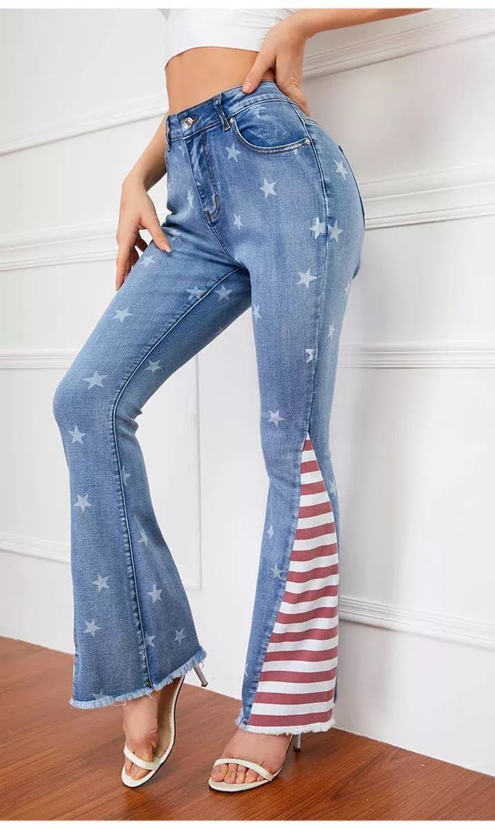 American Flag Print Star Patterned Flared Jeans
