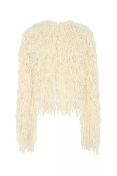 Amina Fringe Knit Jacket in Off White Silk Cashmere