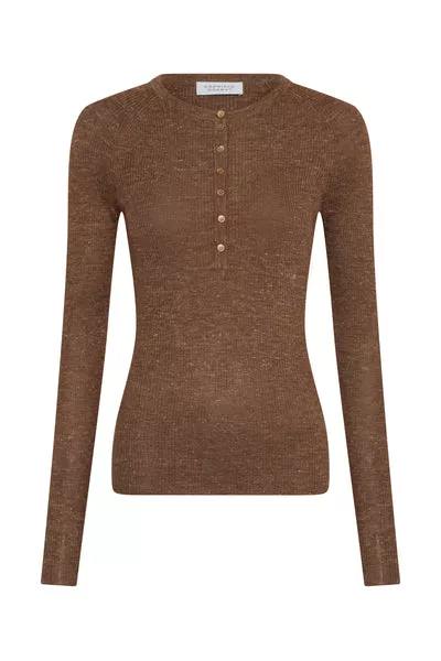 Anges Knit Henley in Chestnut Cashmere Silk with Hemp