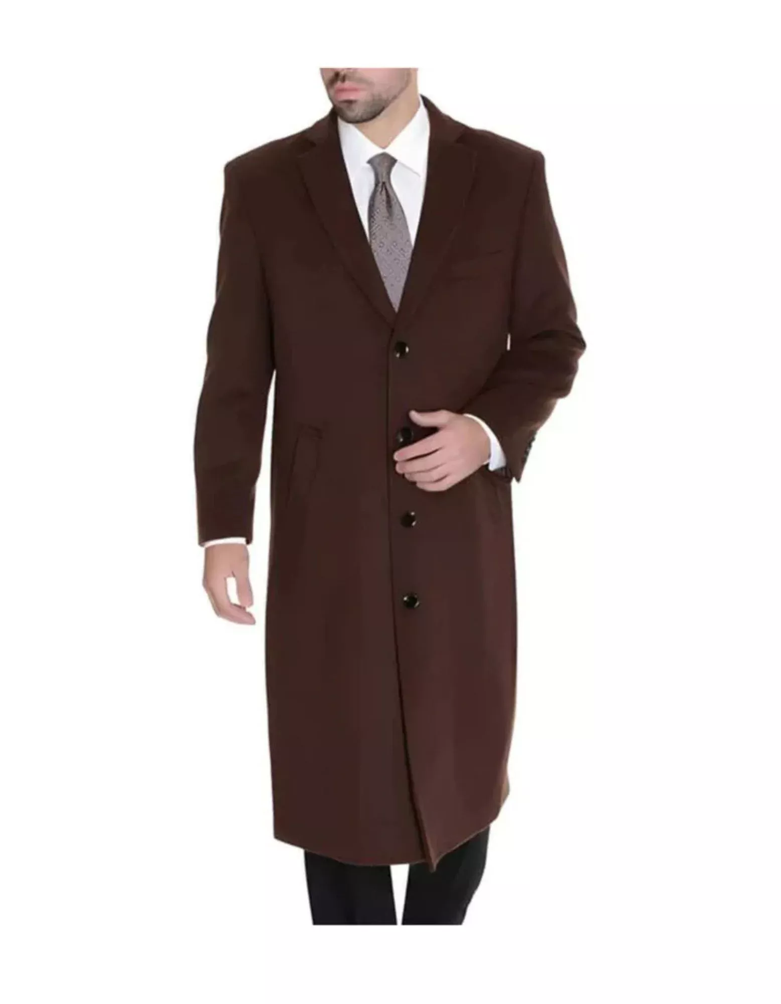 Ankle length 4 Buttons Brown Wool Cashmere Blend Overcoat Top Coat
