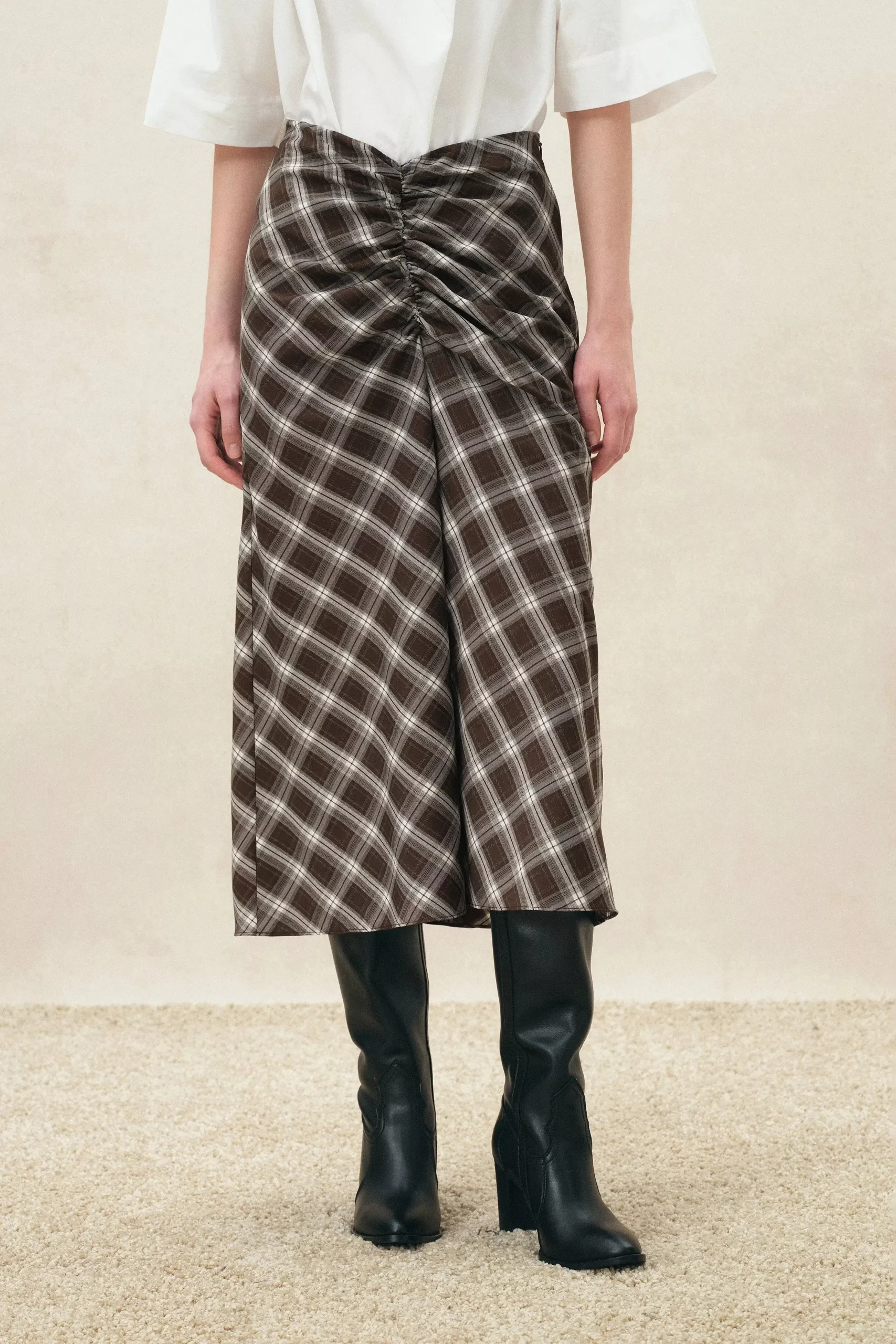 Anya Plaid Ruched Split Hem Skirt