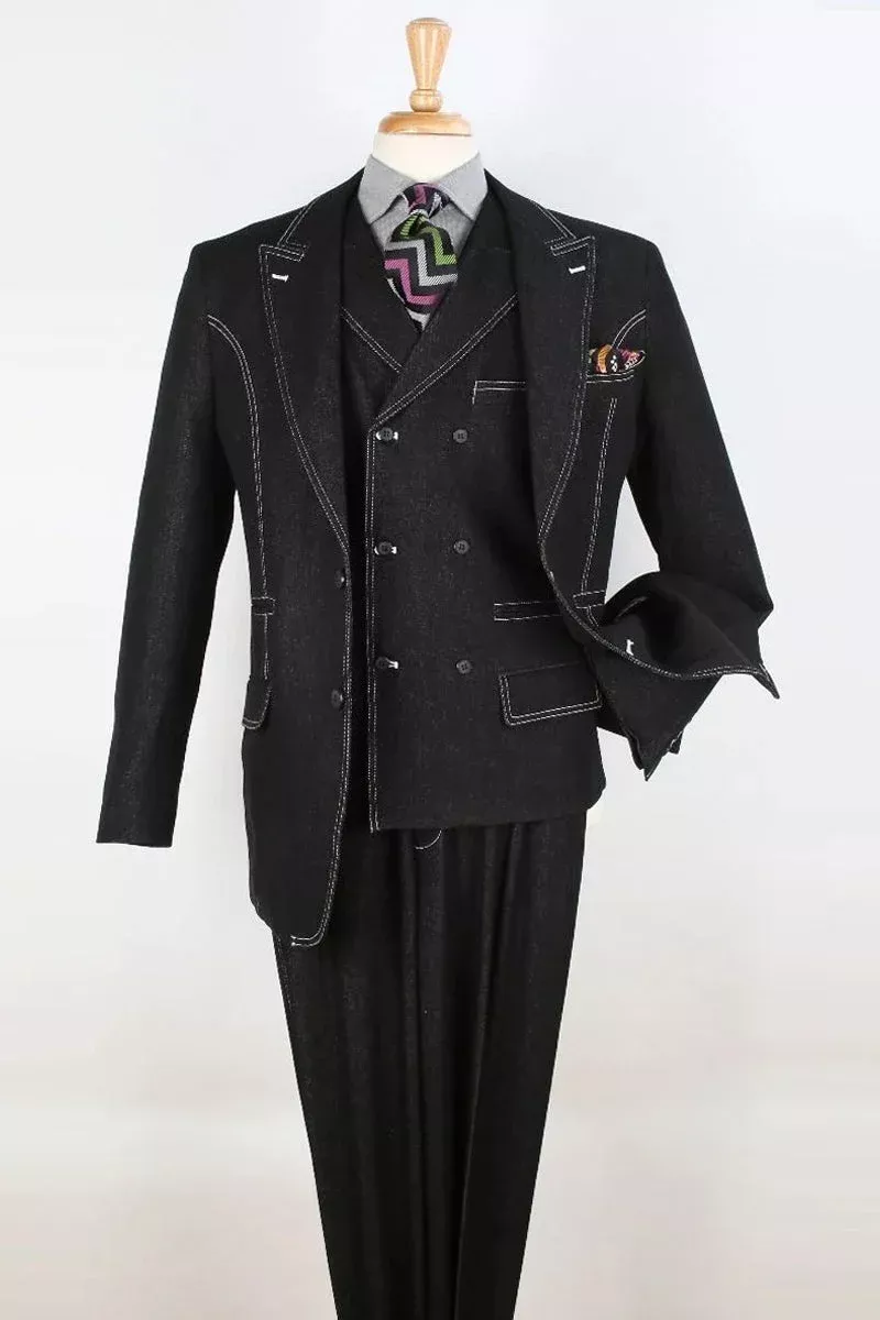 Apollo King "Black Denim Suit: Men's Double Breasted Vest with Two Button Peak Lapel"