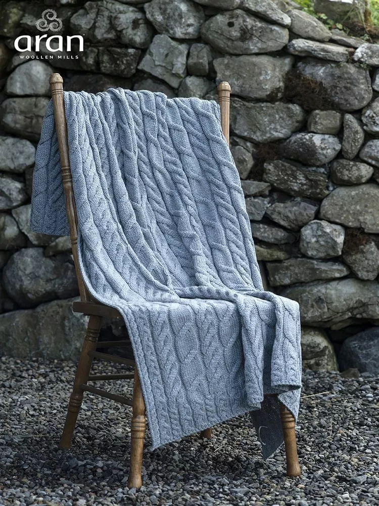 Aran Cable Knit Blanket Super Soft Merino Grey/Blue