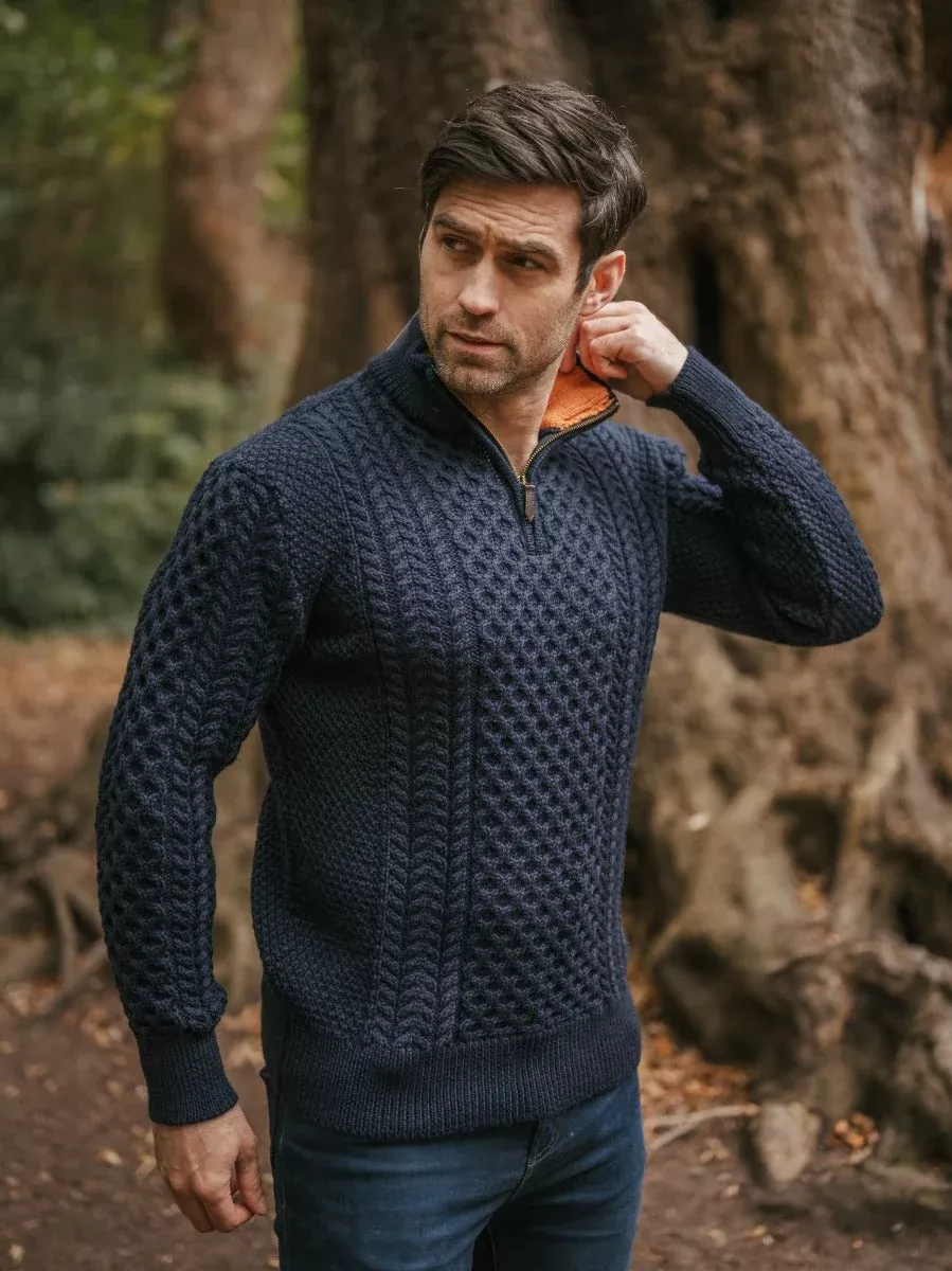 ARAN HALF ZIP SWEATER 2507- Navy with Terracotta collar