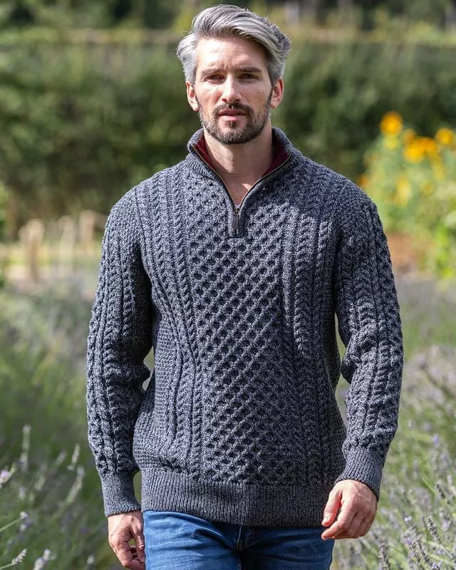Aran Half Zip Sweater - 2507 Slate with wine collar