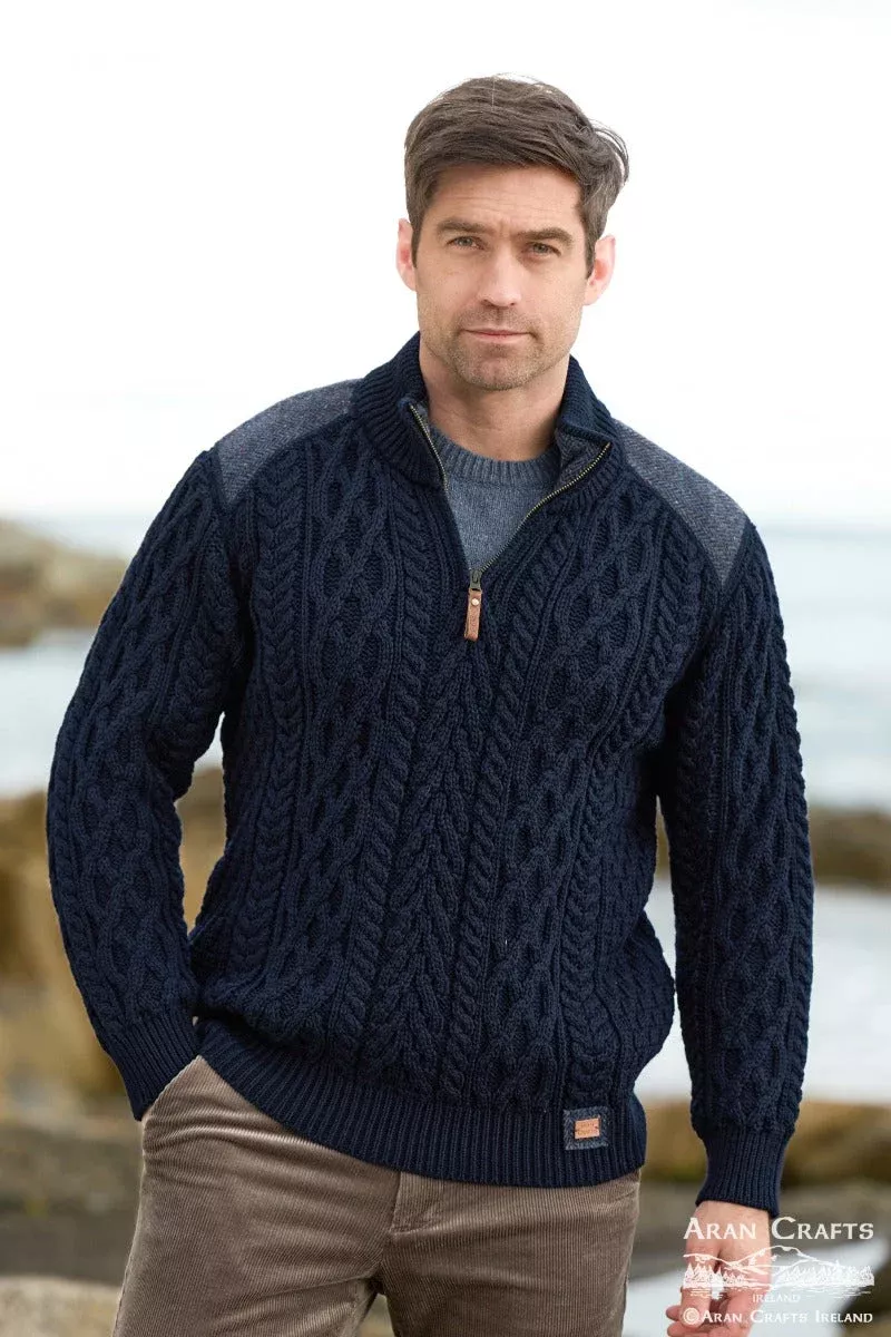 Aran Half Zip Tweed Shoulder Patches Navy