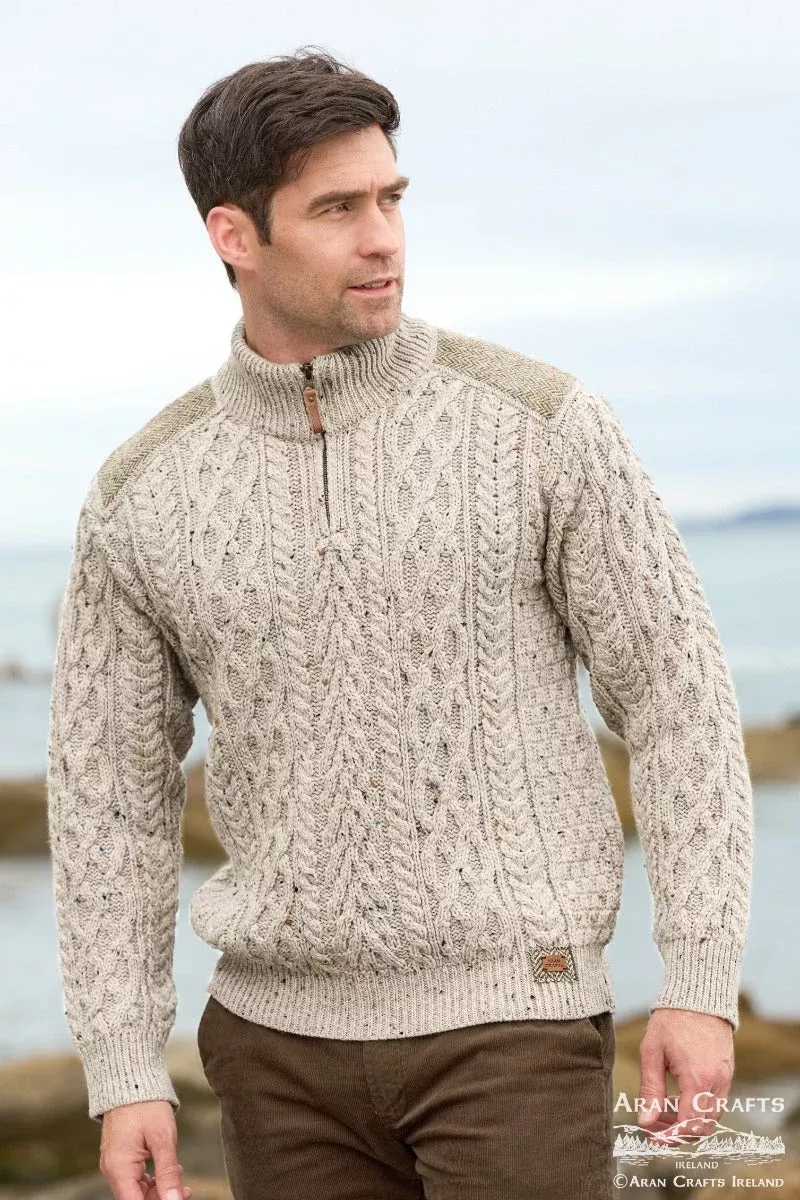 Aran Half Zip Tweed Shoulder Patches Oatmeal