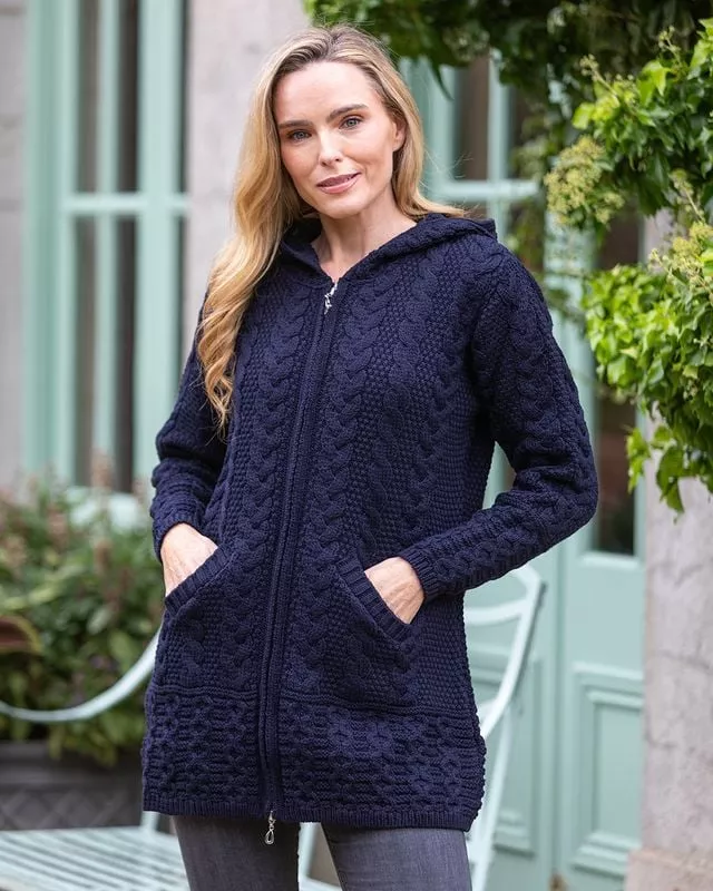 Aran Hooded Coat with Celtic Zipper Navy