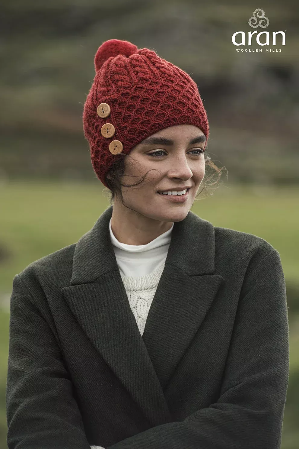 Aran Merino Wool Hat with 3 Buttons