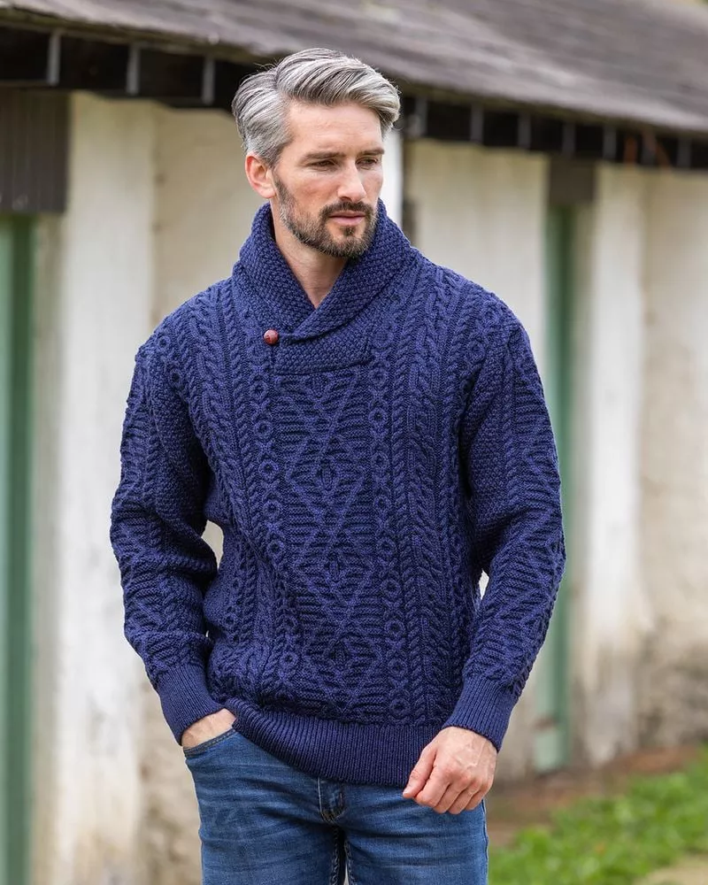 Aran Shawl Neck Sweater Deep Water Blue