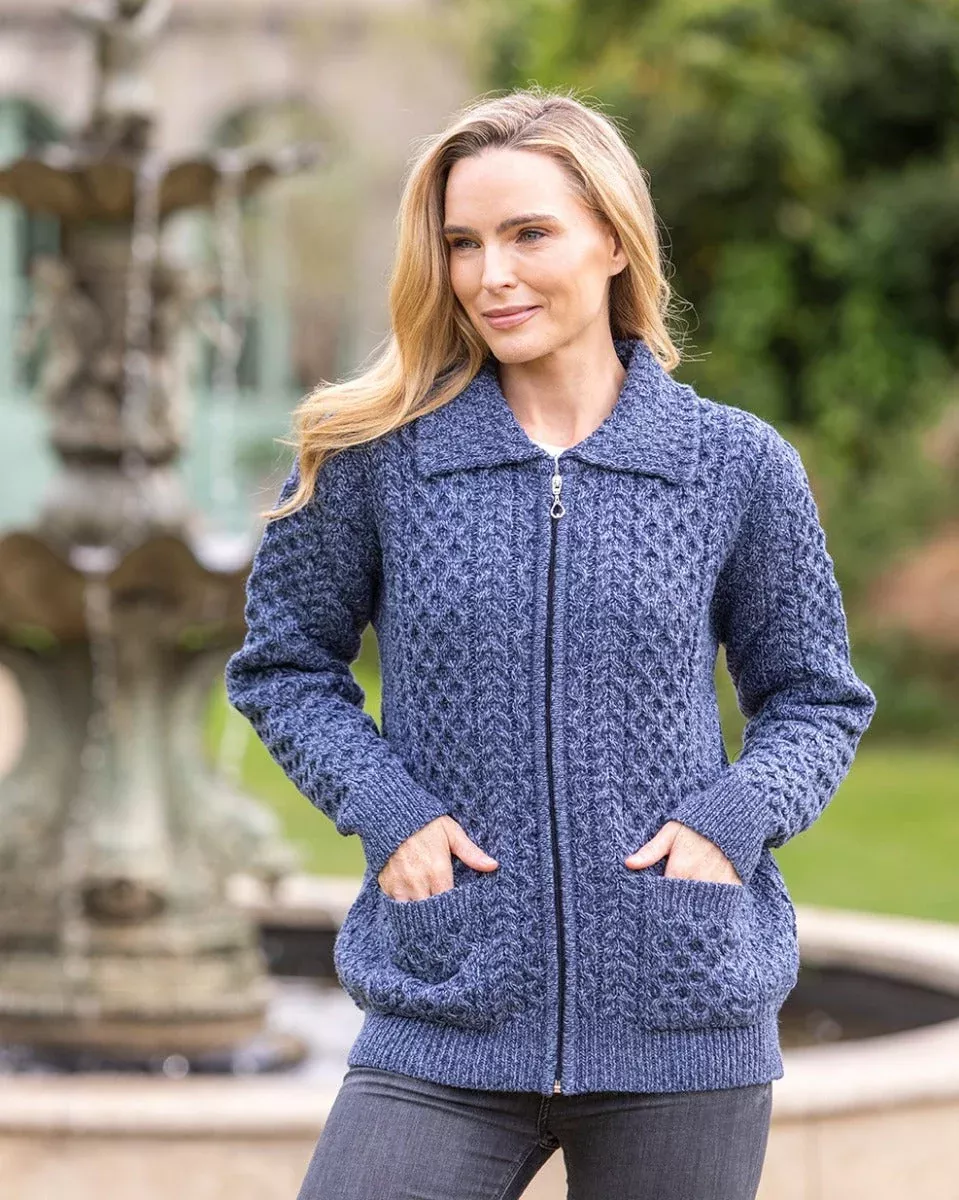 Aran Zip Cardigan with Collar - Denim Marl