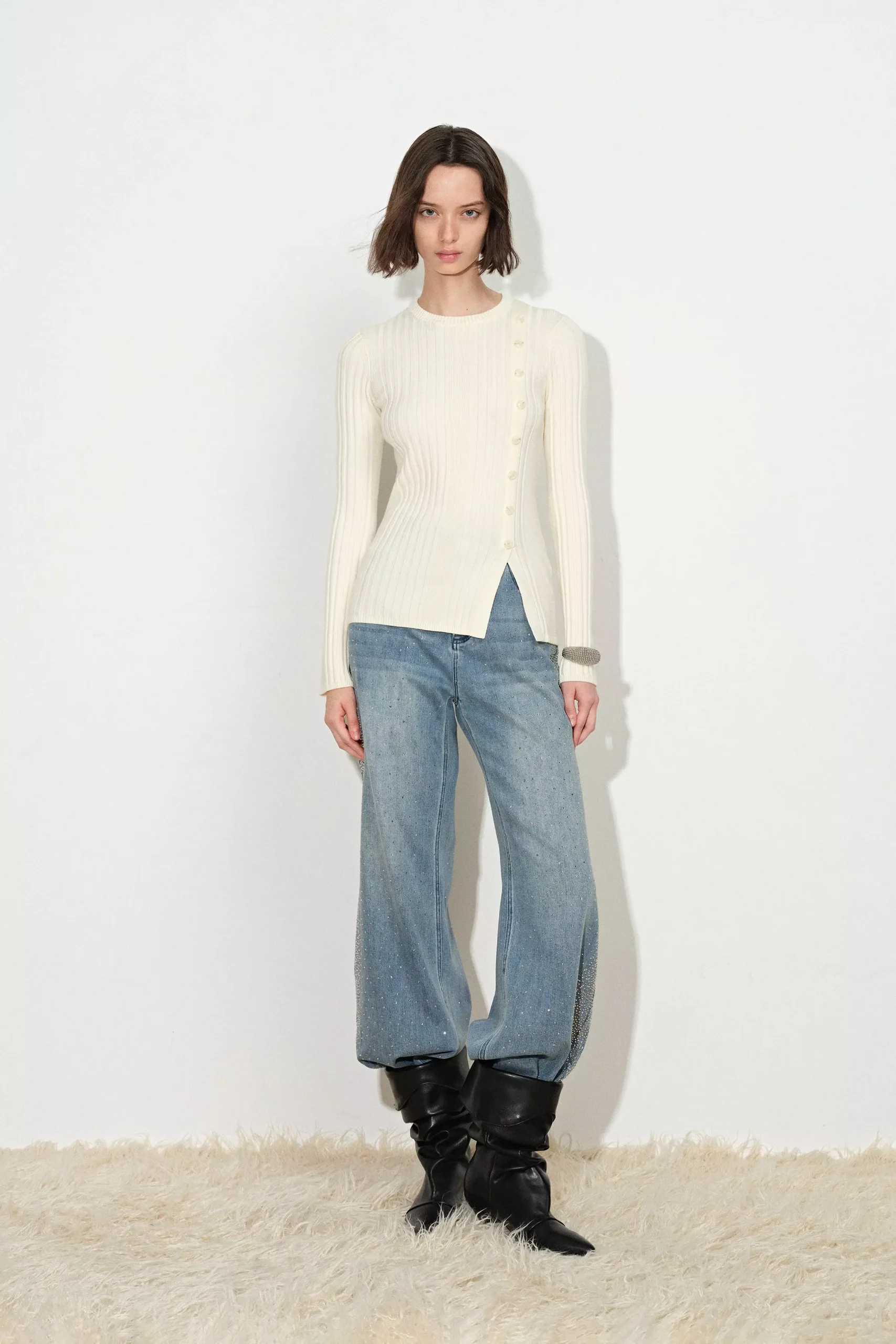 Arianna Asymmetric Buttoned Knit Top in Machine Washable Fine Wool