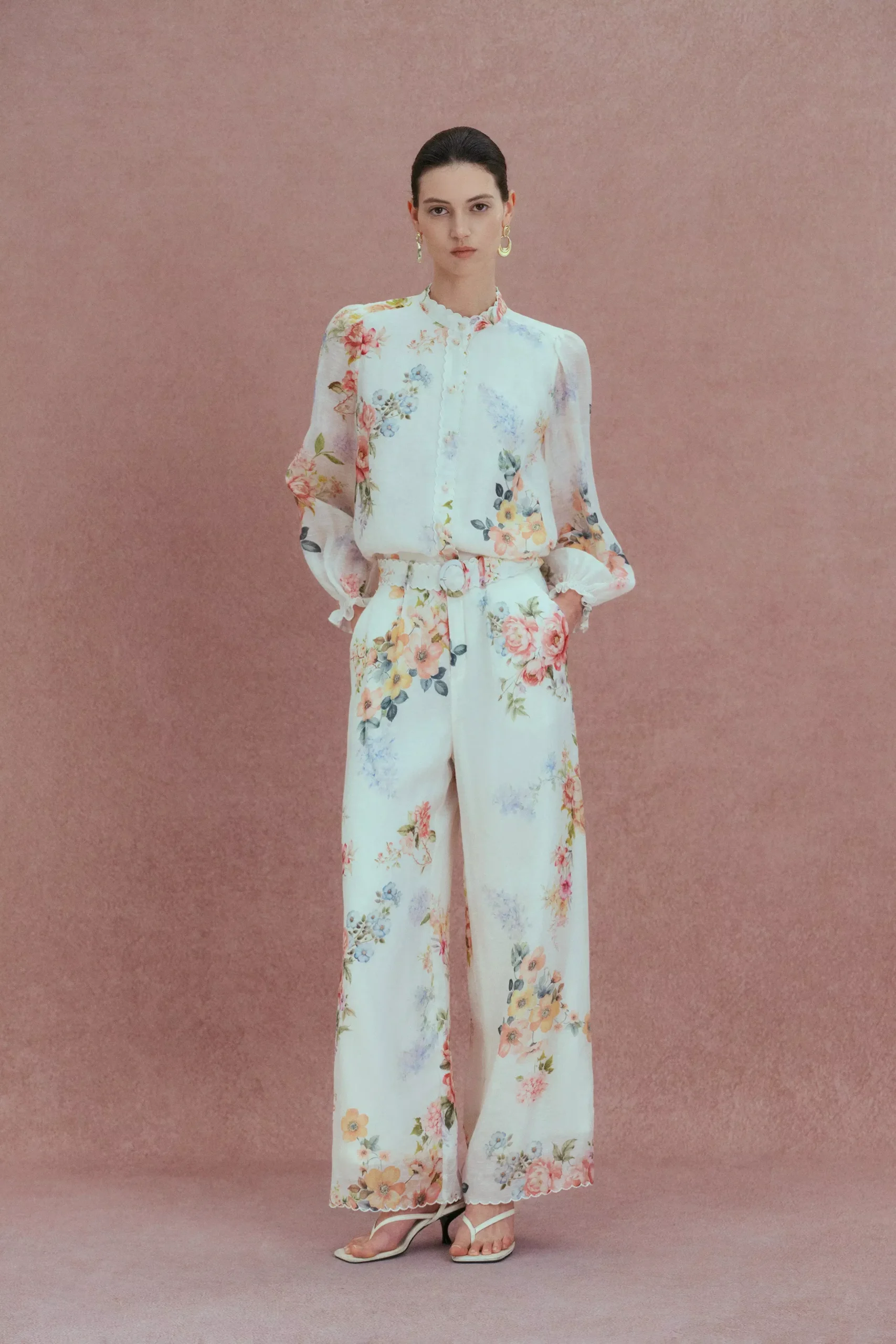 Ariel Flora Blouse and Pant Matching Set in Silk-Linen Blend