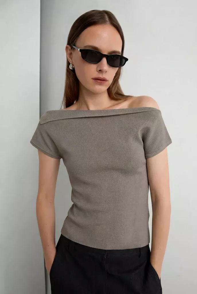 ASYMMETRICAL OFF THE SHOULDER CAP SLEEVE SWEATER
