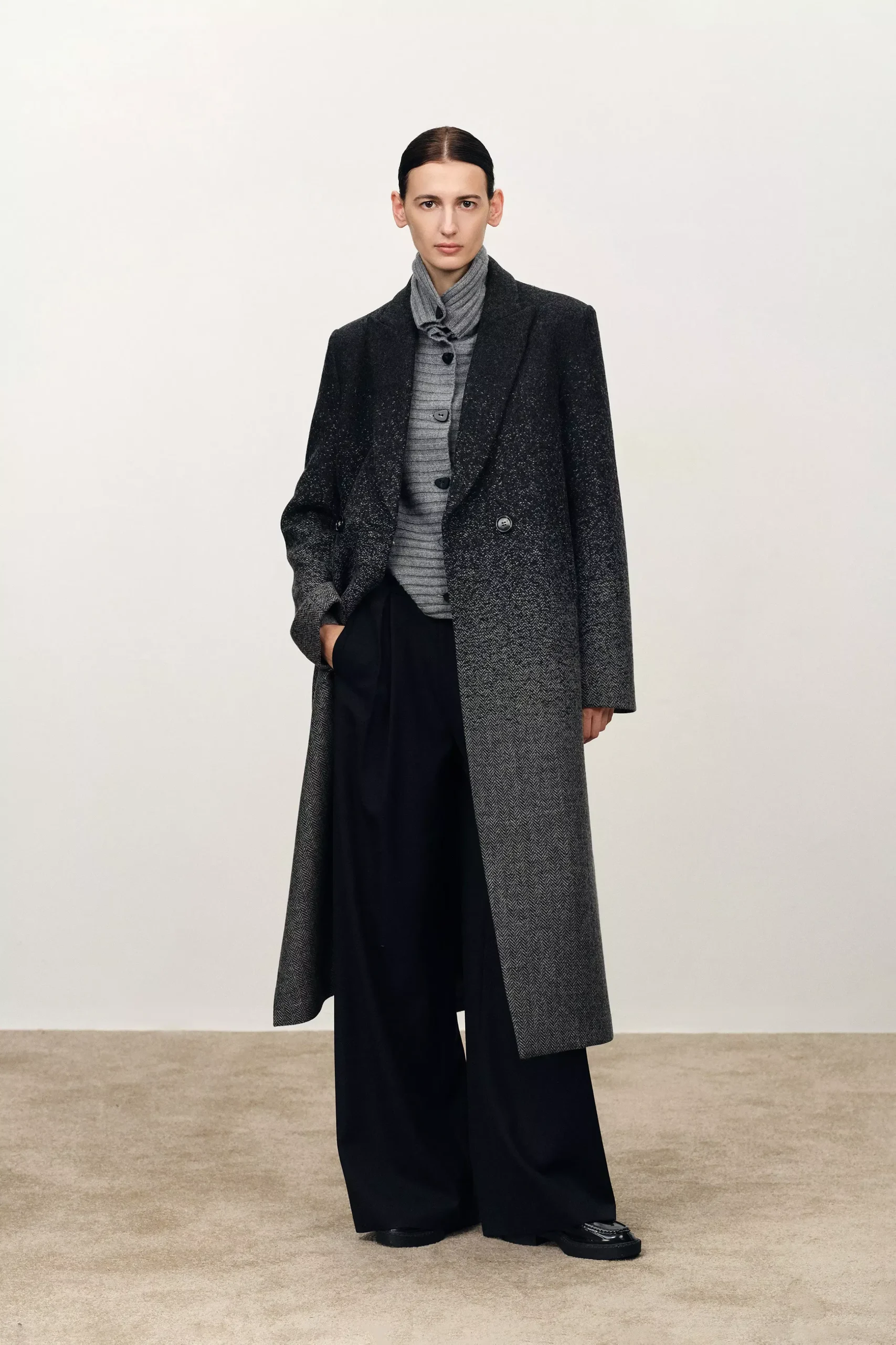 Audrey Gradient Herringbone Straight Long Coat in Merino Wool