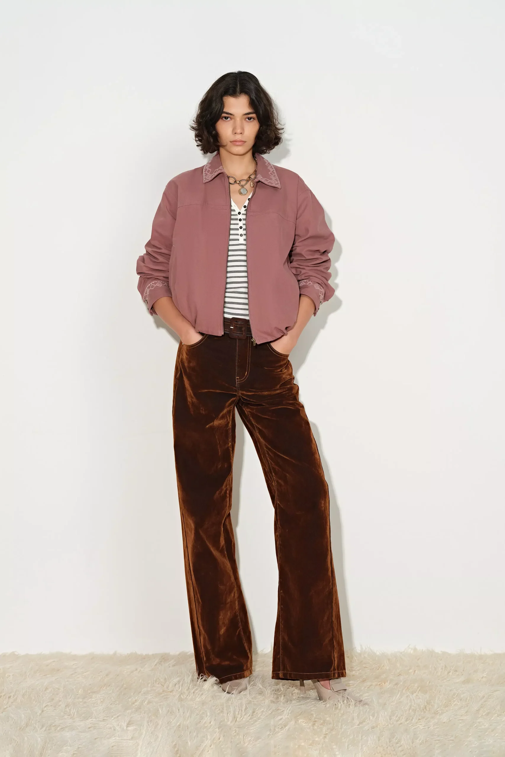 Aurora Embroidery Cropped Bomber Jacket in 100% Cotton