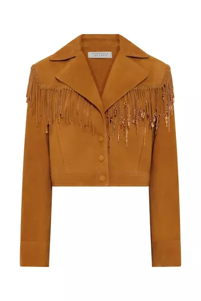Azra Fringe Jacket in Cashew Suede with Charms